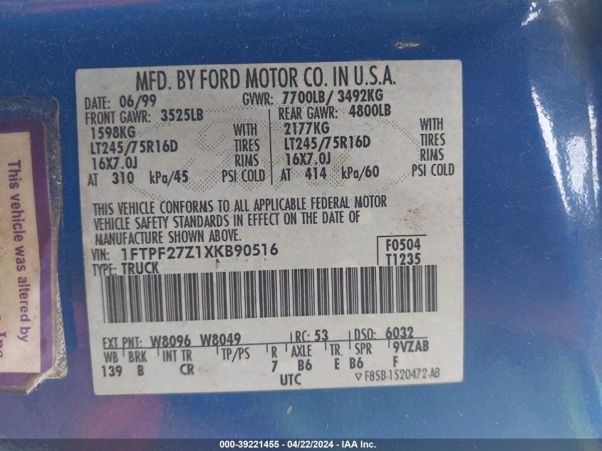 1999 Ford F-250 Lariat/Work Series/Xl/Xlt VIN: 1FTPF27Z1XKB90516 Lot: 39221455