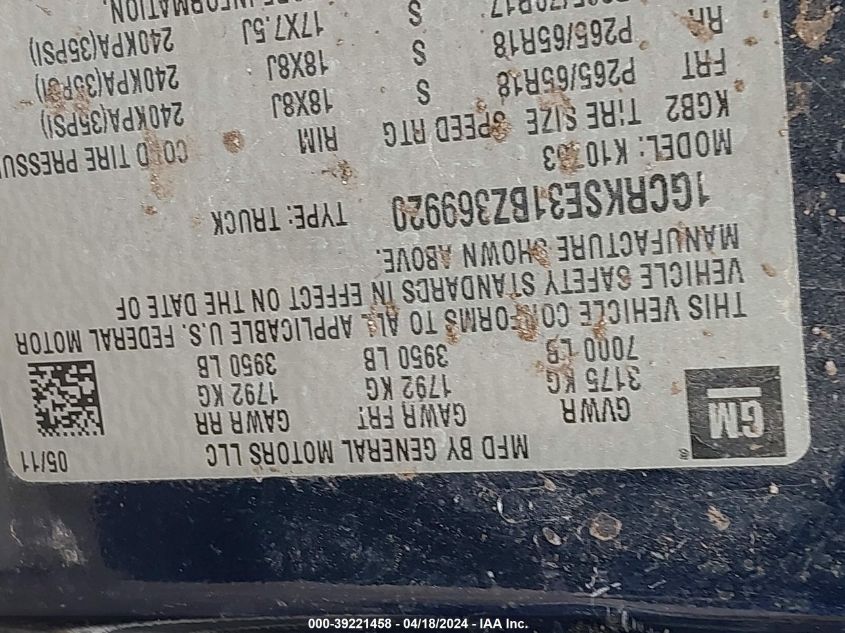 2011 Chevrolet Silverado 1500 Lt VIN: 1GCRKSE31BZ369920 Lot: 39221458