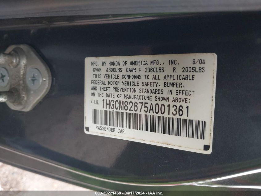 2005 Honda Accord 3.0 Ex VIN: 1HGCM82675A001361 Lot: 39221468