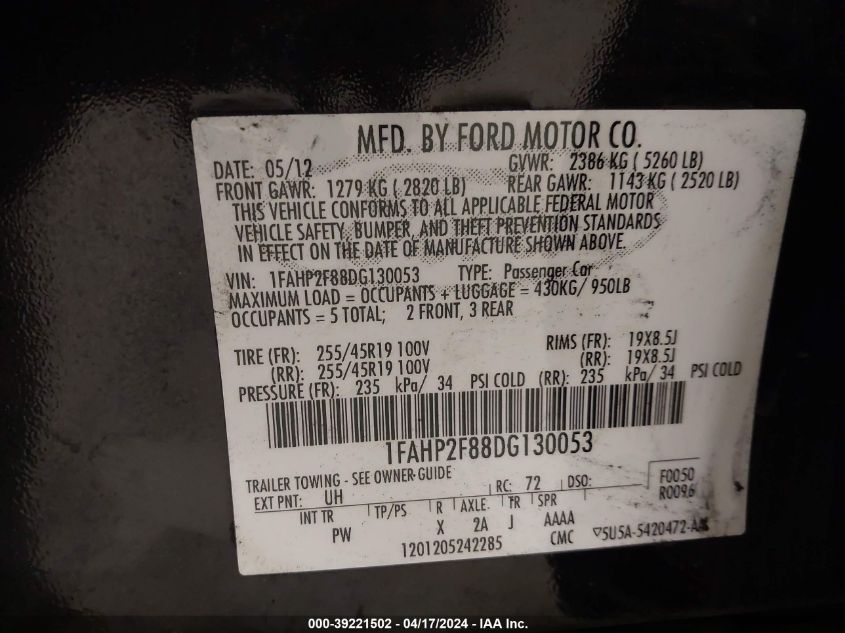 2013 Ford Taurus Limited VIN: 1FAHP2F88DG130053 Lot: 39221502