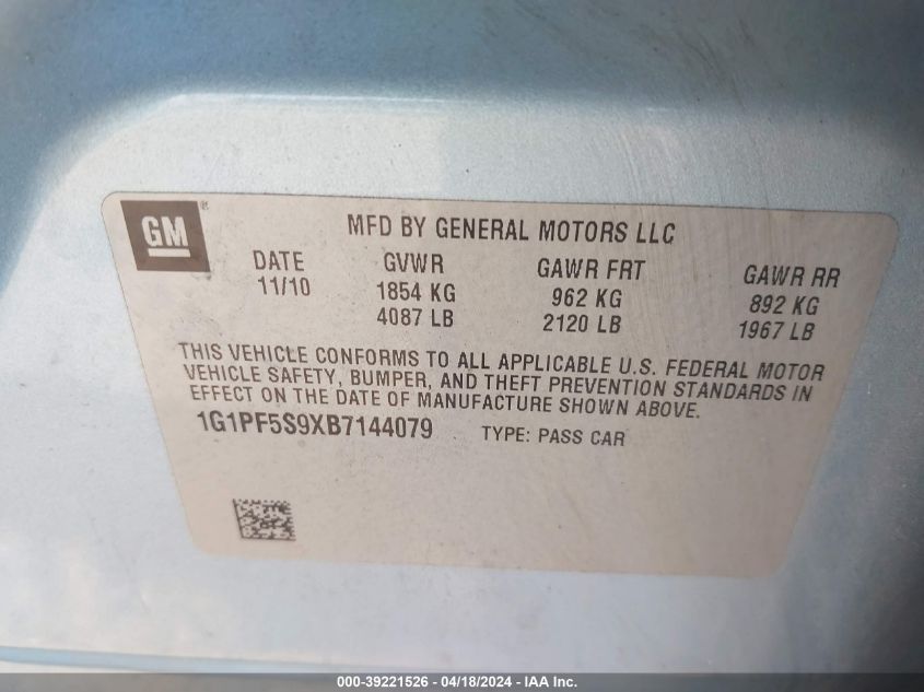 2011 Chevrolet Cruze 1Lt VIN: 1G1PF5S9XB7144079 Lot: 39221526