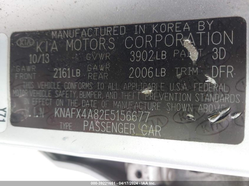 KNAFX4A82E5156677 | 2014 KIA FORTE