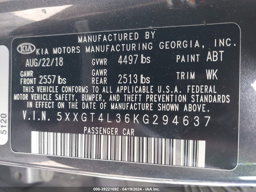2019 Kia Optima Lx VIN: 5XXGT4L36KG294637 Lot: 39221692
