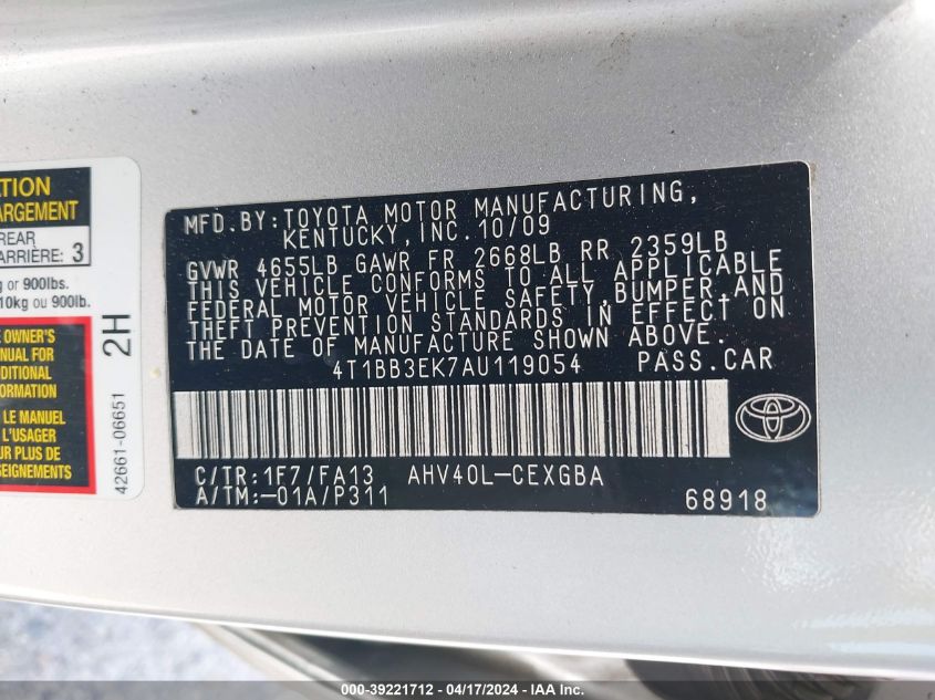 2010 Toyota Camry Hybrid VIN: 4T1BB3EK7AU119054 Lot: 39221712