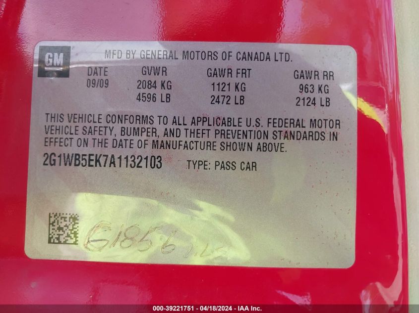 2010 Chevrolet Impala Lt VIN: 2G1WB5EK7A1132103 Lot: 39221751