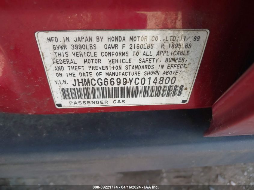 JHMCG6699YC014800 | 2000 HONDA ACCORD