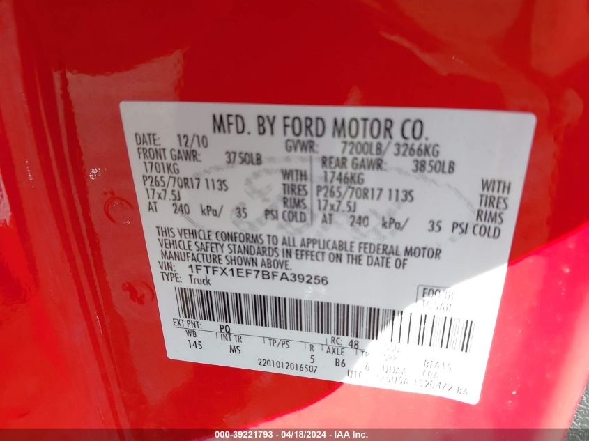 2011 Ford F-150 Xlt VIN: 1FTFX1EF7BFA39256 Lot: 39221793