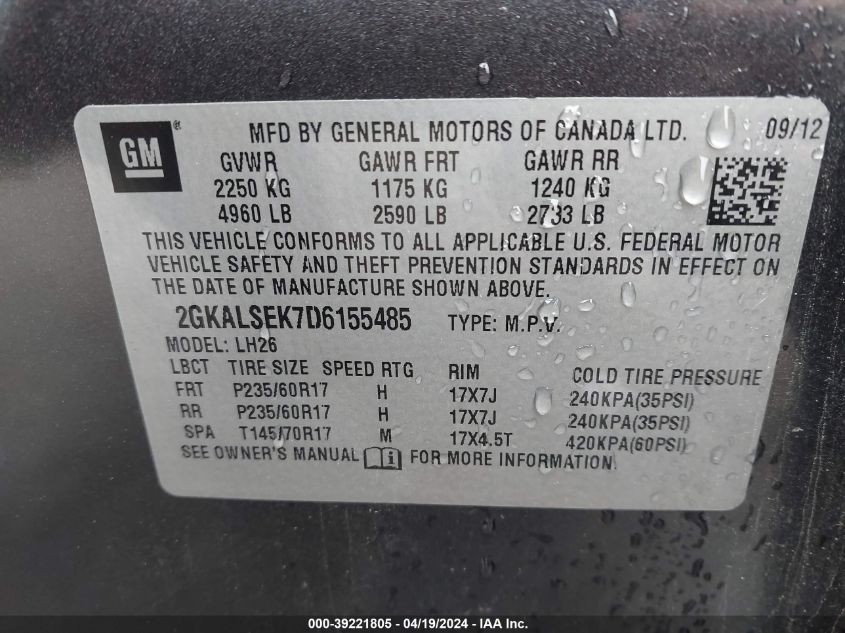 2013 GMC Terrain Sle-2 VIN: 2GKALSEK7D6155485 Lot: 39221805