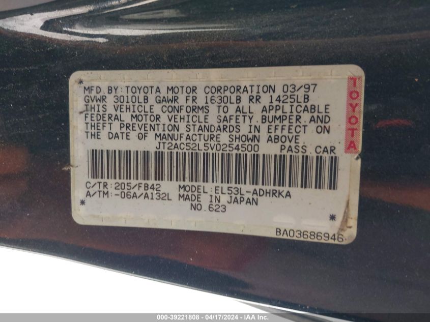 1997 Toyota Tercel Limited Edition VIN: JT2AC52L5V0254500 Lot: 39221808