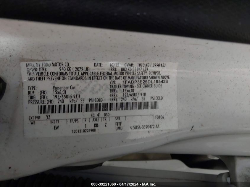 2013 Ford Focus S VIN: 1FADP3E25DL185438 Lot: 39221860