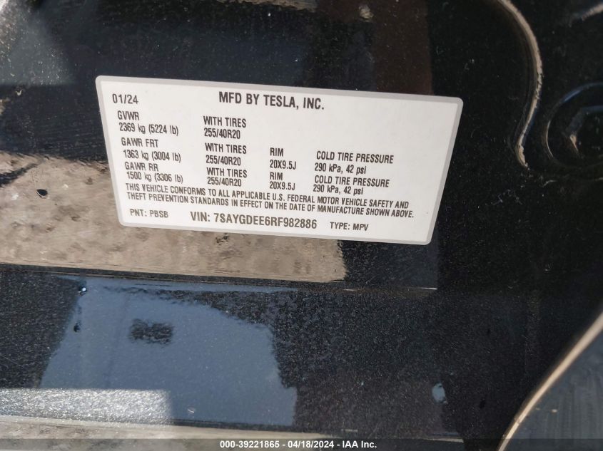2024 Tesla Model Y Long Range Dual Motor All-Wheel Drive VIN: 7SAYGDEE6RF982886 Lot: 39221865