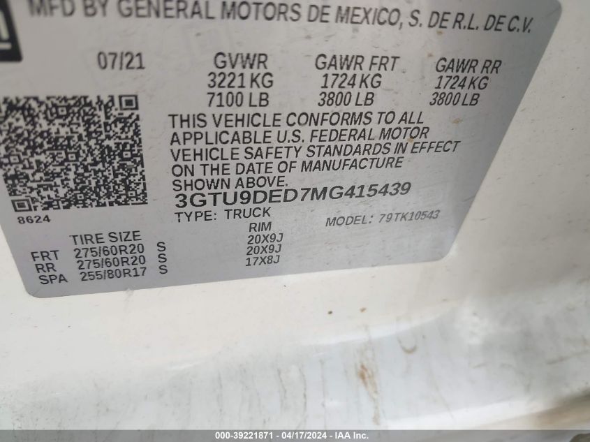 2021 GMC Sierra 1500 VIN: 3GTU9DED7MG415439 Lot: 39221871