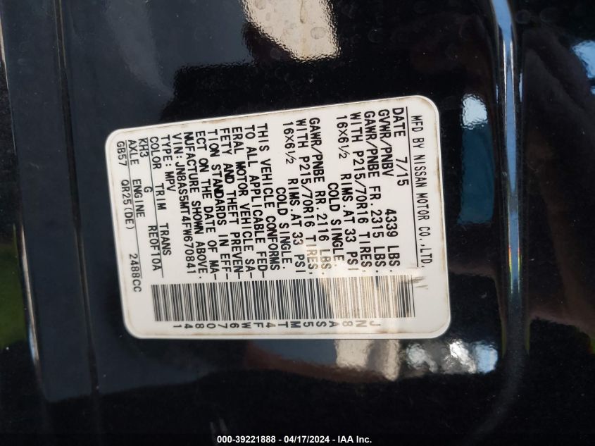 2015 Nissan Rogue Select S VIN: JN8AS5MT4FW670841 Lot: 39221888