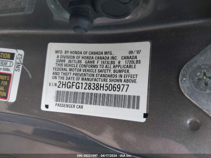 2008 Honda Civic Ex VIN: 2HGFG12838H506977 Lot: 39221897