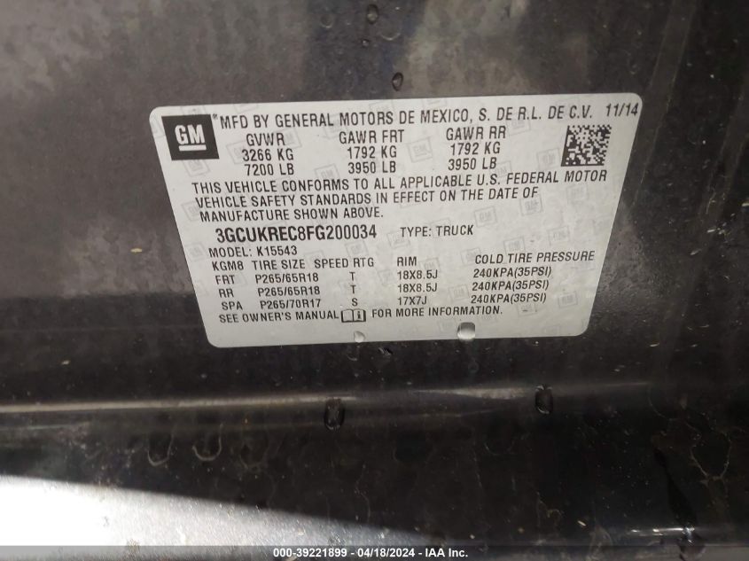 2015 Chevrolet Silverado 1500 2Lt VIN: 3GCUKREC8FG200034 Lot: 39221899