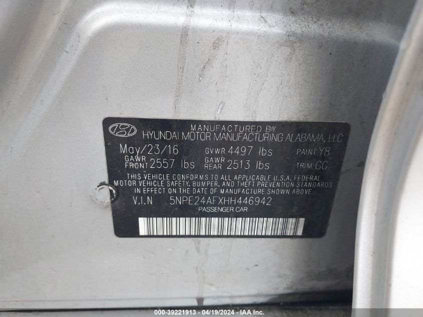 5NPE24AFXHH446942 2017 Hyundai Sonata