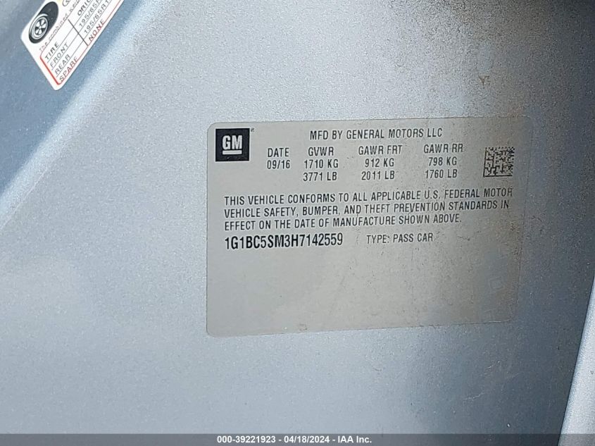 2017 Chevrolet Cruze Ls Auto VIN: 1G1BC5SM3H7142559 Lot: 39221923