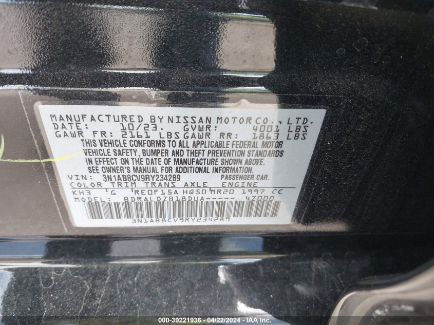 3N1AB8CV9RY234289 | 2024 NISSAN SENTRA