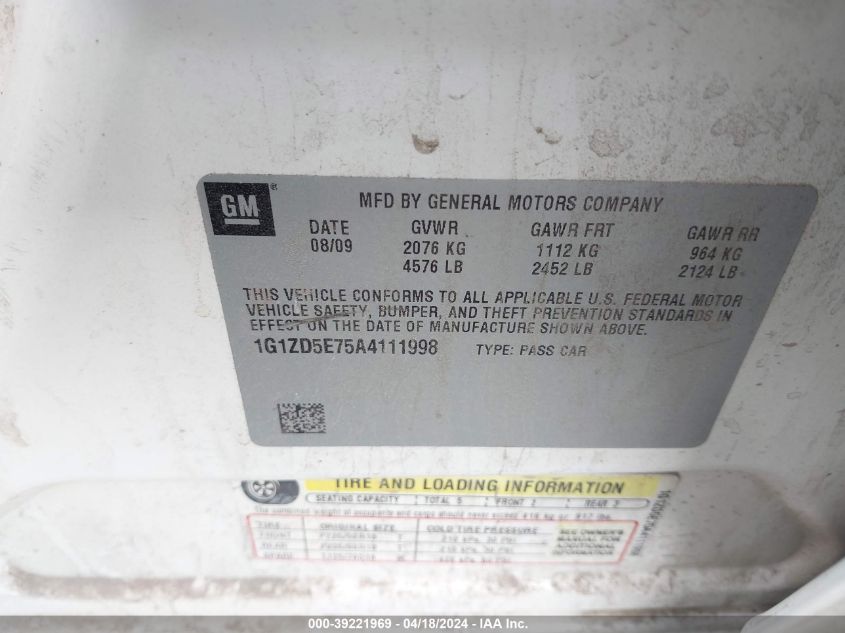 2010 Chevrolet Malibu Lt VIN: 1G1ZD5E75A4111998 Lot: 39221969