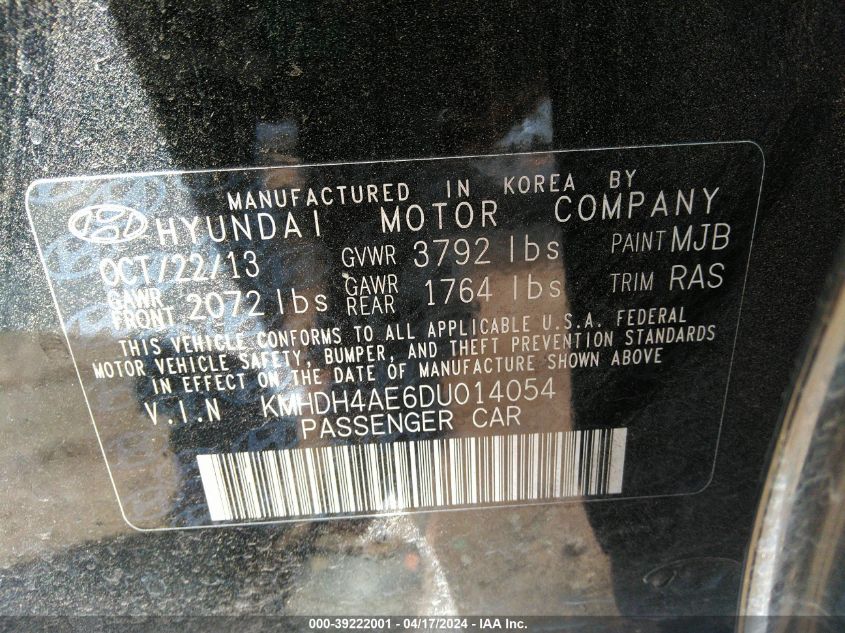 2013 Hyundai Elantra Gls VIN: KMHDH4AE6DU014054 Lot: 39222001