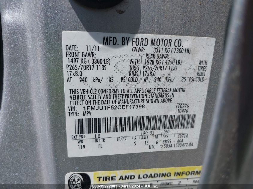 2012 Ford Expedition Xl VIN: 1FMJU1F52CEF17398 Lot: 39222003