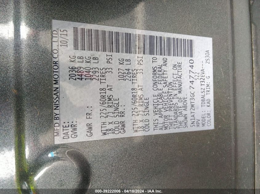 2016 Nissan Rogue Sl VIN: 5N1AT2MT3GC747740 Lot: 39222006