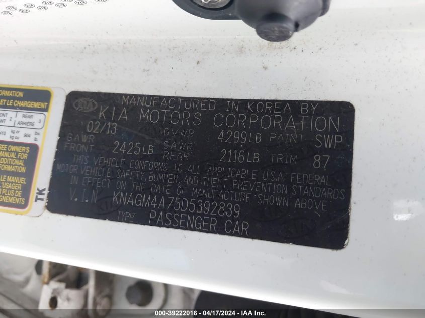 2013 Kia Optima Lx VIN: KNAGM4A75D5392839 Lot: 39222016