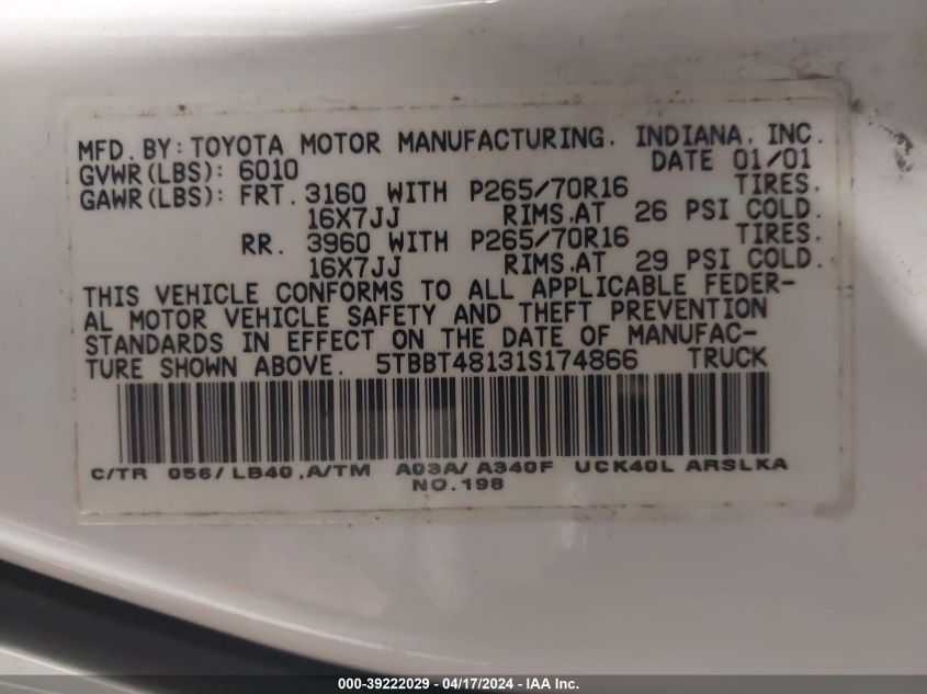 2001 Toyota Tundra Ltd V8 VIN: 5TBBT48131S174866 Lot: 39222029