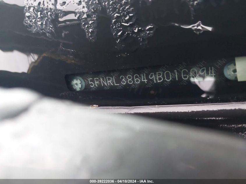 2009 Honda Odyssey Ex-L VIN: 5FNRL38649B016094 Lot: 39222036