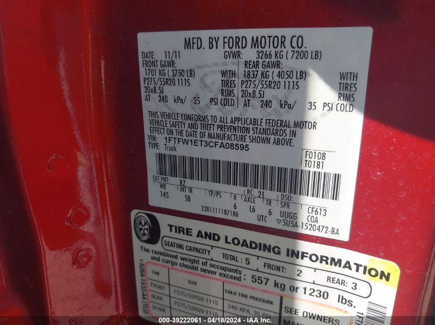 2012 Ford F-150 Fx4 VIN: 1FTFW1ET3CFA08595 Lot: 39222061