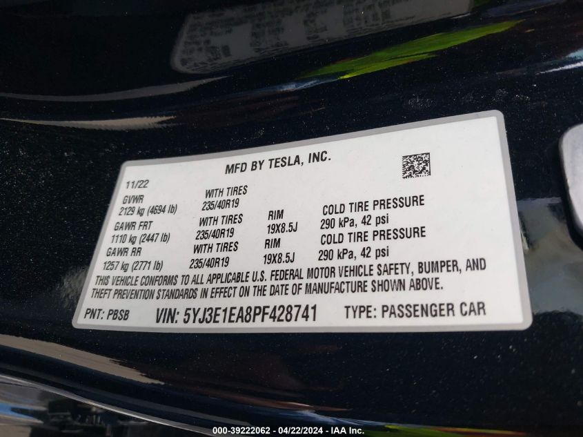 2023 Tesla Model 3 Rear-Wheel Drive VIN: 5YJ3E1EA8PF428741 Lot: 39222062