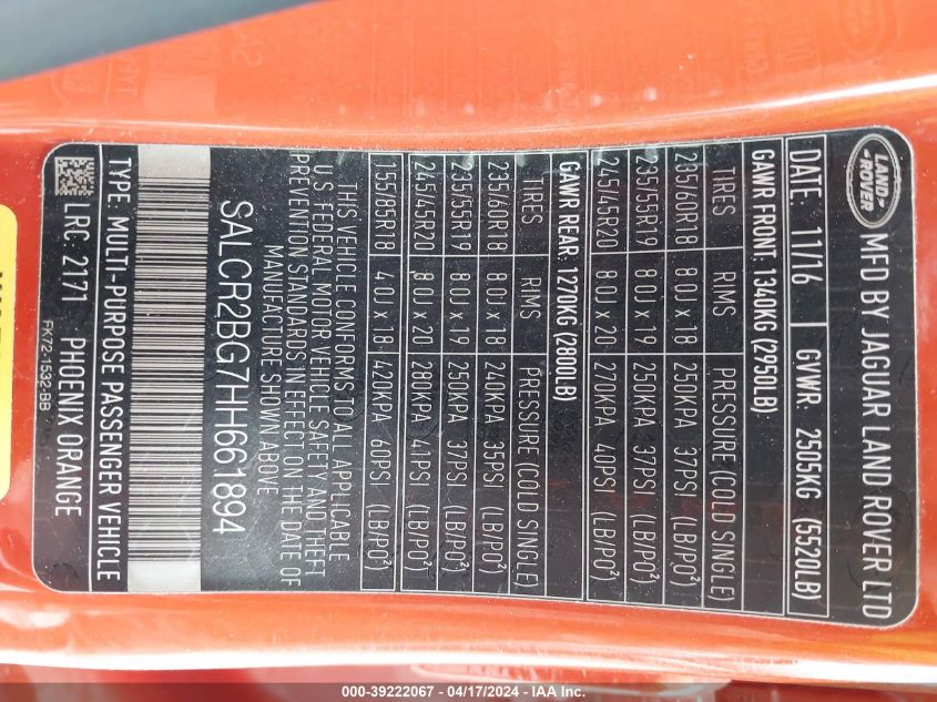 2017 Land Rover Discovery Sport Hse VIN: SALCR2BG7HH661894 Lot: 39222067