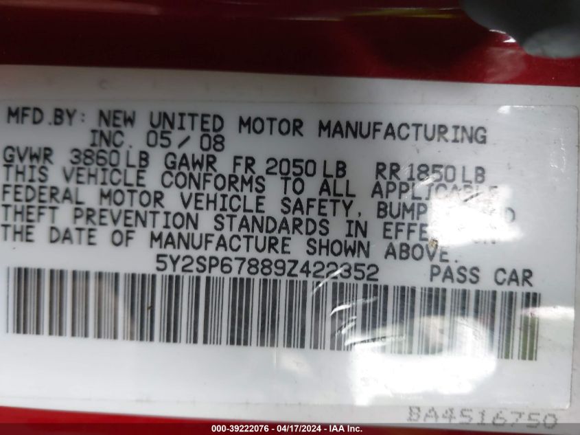 2009 Pontiac Vibe VIN: 5Y2SP67889Z422352 Lot: 39222076