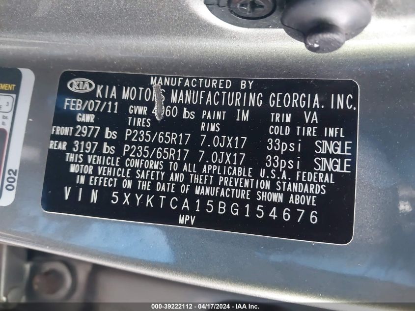 2011 Kia Sorento Lx VIN: 5XYKTCA15BG154676 Lot: 39222112