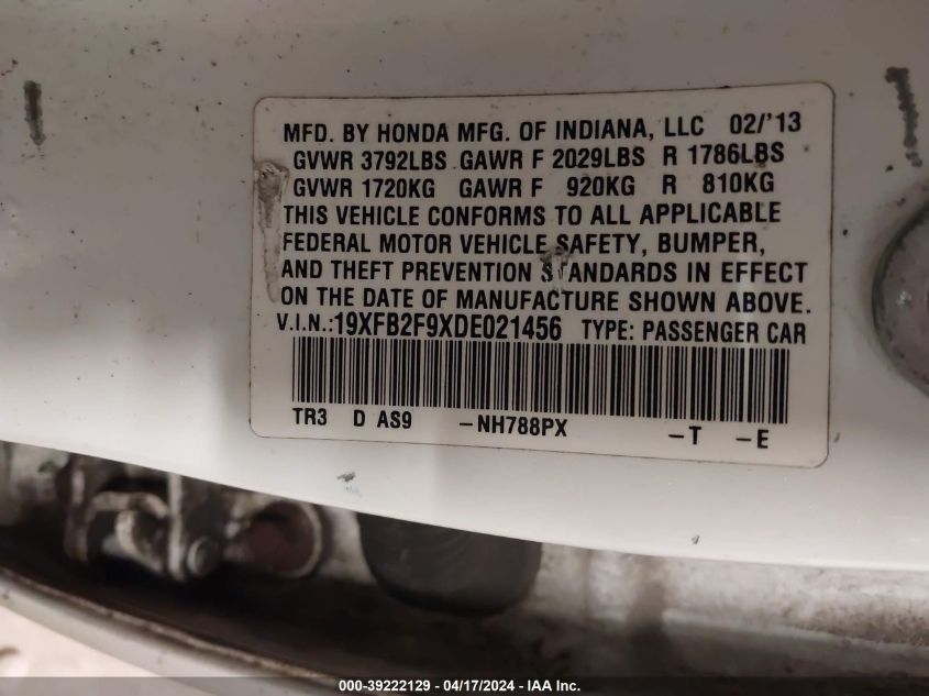 2013 Honda Civic Ex-L VIN: 19XFB2F9XDE021456 Lot: 39222129