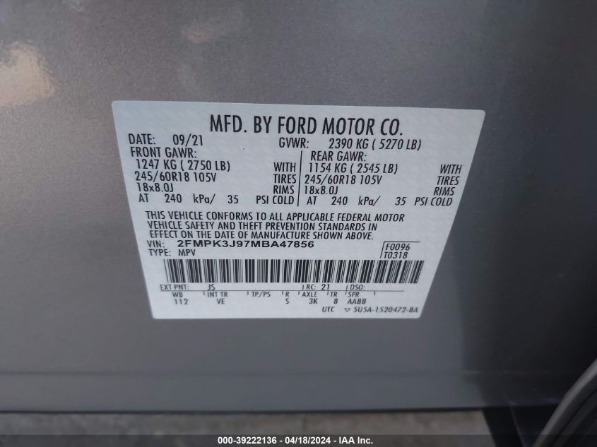 2021 Ford Edge Sel VIN: 2FMPK3J97MBA47856 Lot: 39222136