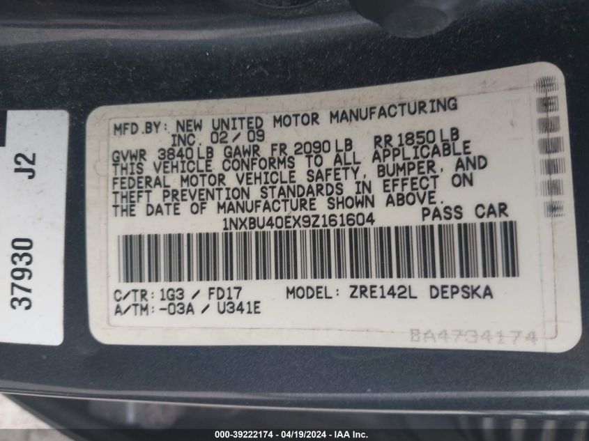 2009 Toyota Corolla S VIN: 1NXBU40EX9Z161604 Lot: 39222174