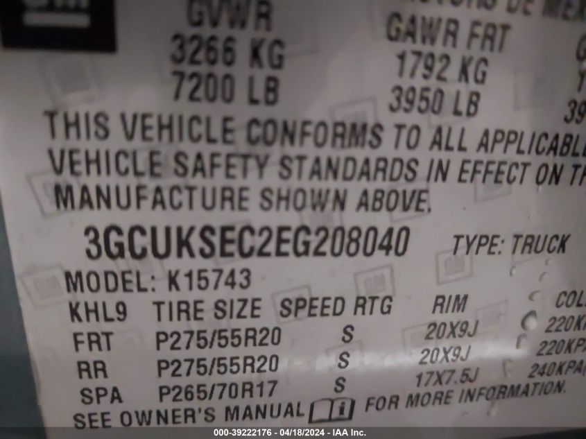 2014 Chevrolet Silverado 1500 2Lz VIN: 3GCUKSEC2EG208040 Lot: 39222176