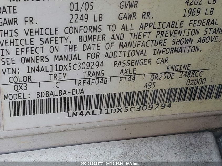 2005 Nissan Altima 2.5 S VIN: 1N4AL11DX5C309294 Lot: 39222177