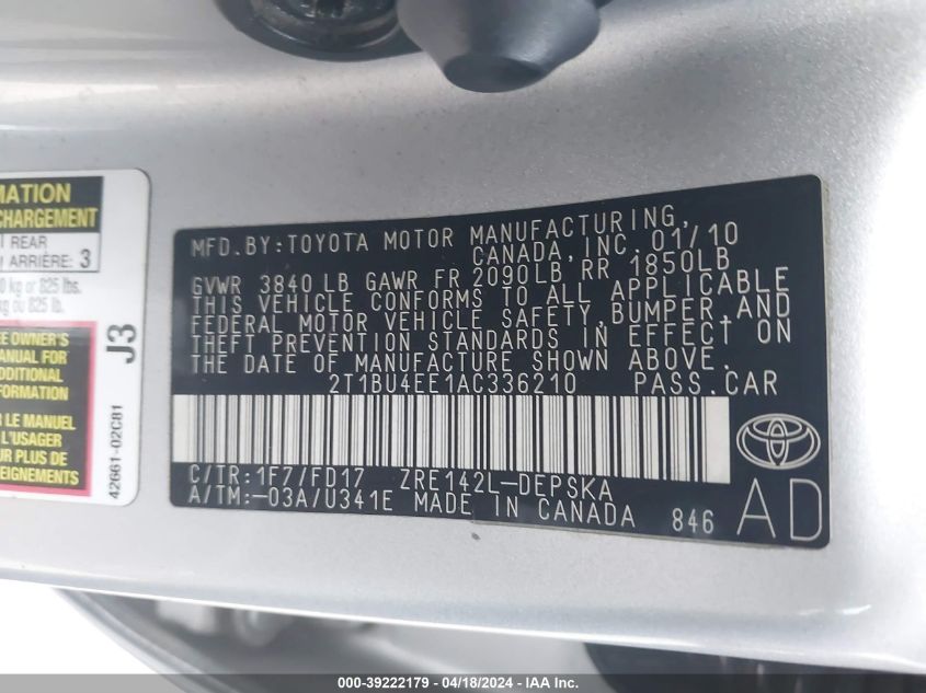 2010 Toyota Corolla S VIN: 2T1BU4EE1AC336210 Lot: 39222179