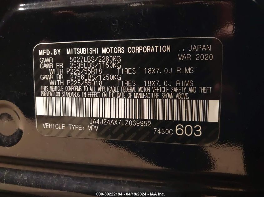 2020 Mitsubishi Outlander Gt 3.0 S-Awc VIN: JA4JZ4AX7LZ039952 Lot: 39222194