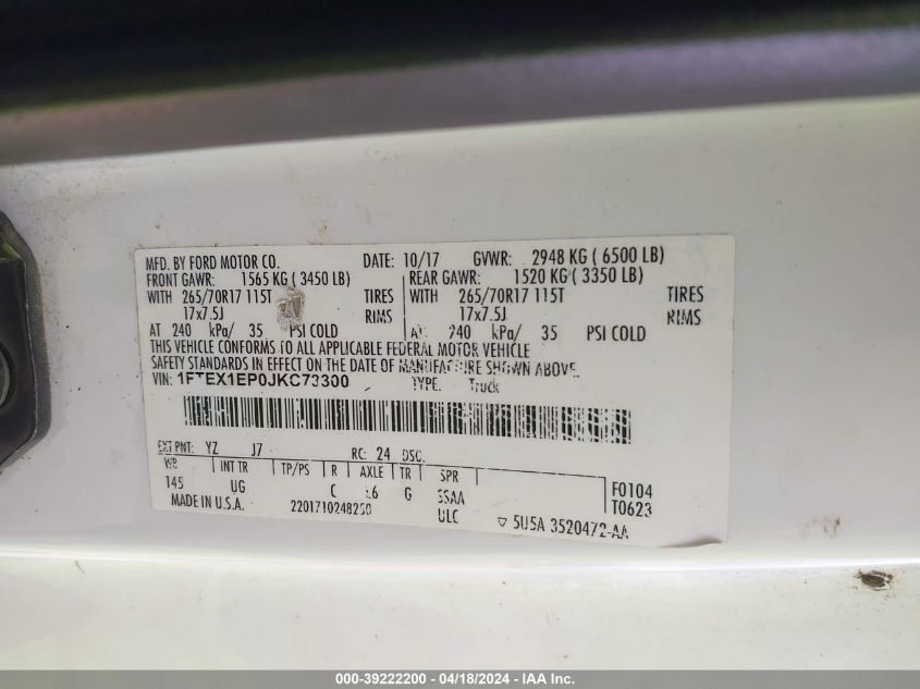 2018 Ford F-150 Xlt VIN: 1FTEX1EP0JKC73300 Lot: 39222200