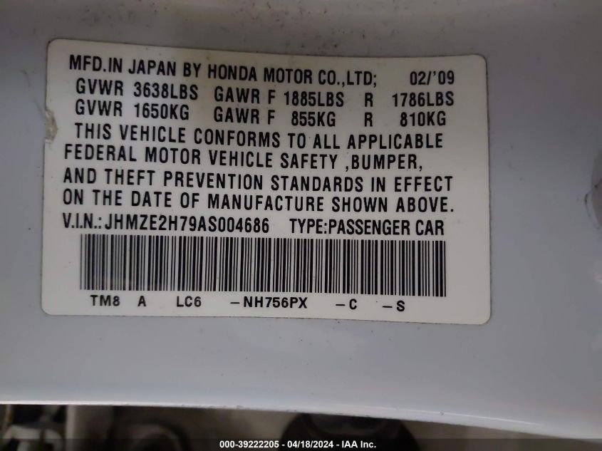 JHMZE2H79AS004686 | 2010 HONDA INSIGHT