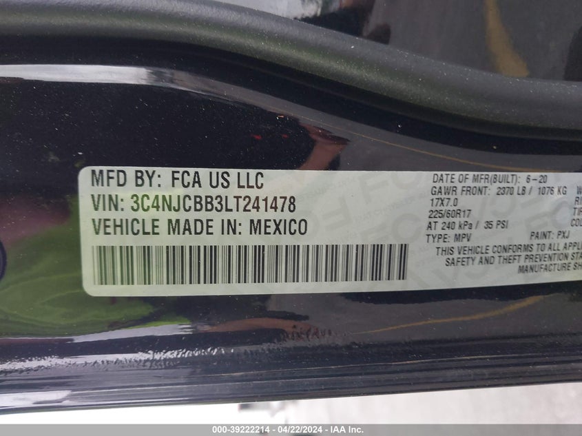VIN 3C4NJCBB3LT241478 2020 JEEP COMPASS LATITUDE
