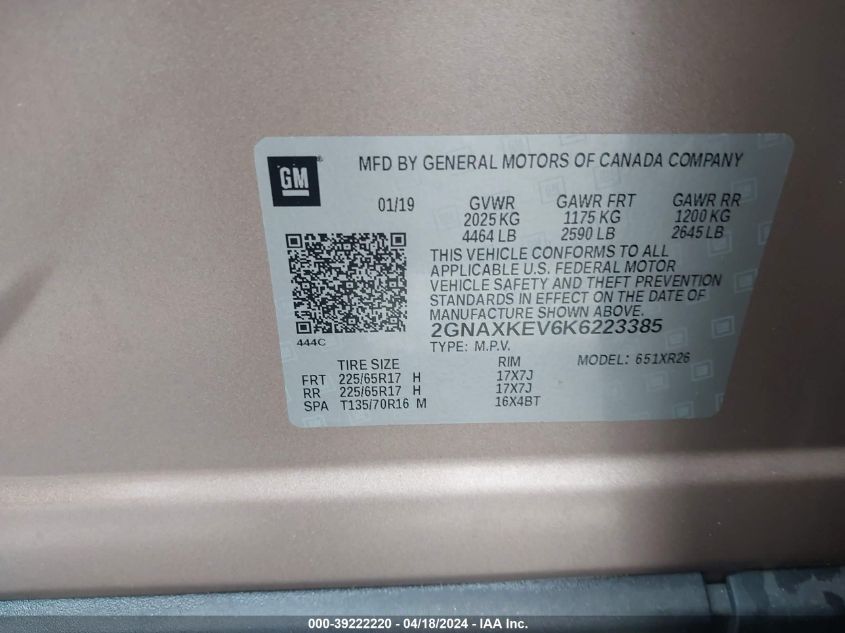 2019 Chevrolet Equinox Lt VIN: 2GNAXKEV6K6223385 Lot: 39222220