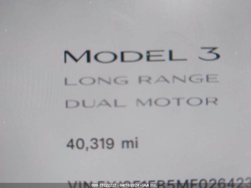 2021 Tesla Model 3 Long Range Dual Motor All-Wheel Drive VIN: 5YJ3E1EB5MF026423 Lot: 39222227