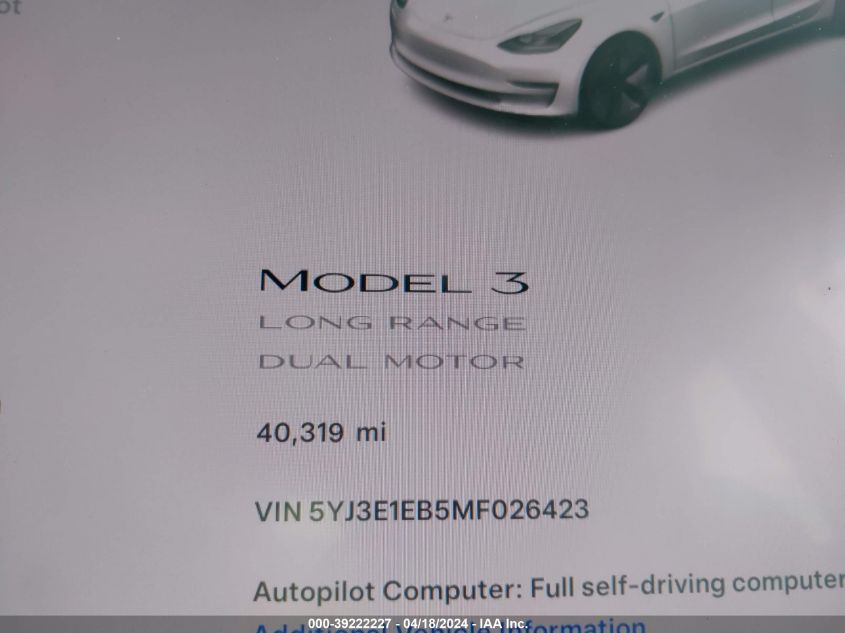 2021 Tesla Model 3 Long Range Dual Motor All-Wheel Drive VIN: 5YJ3E1EB5MF026423 Lot: 39222227