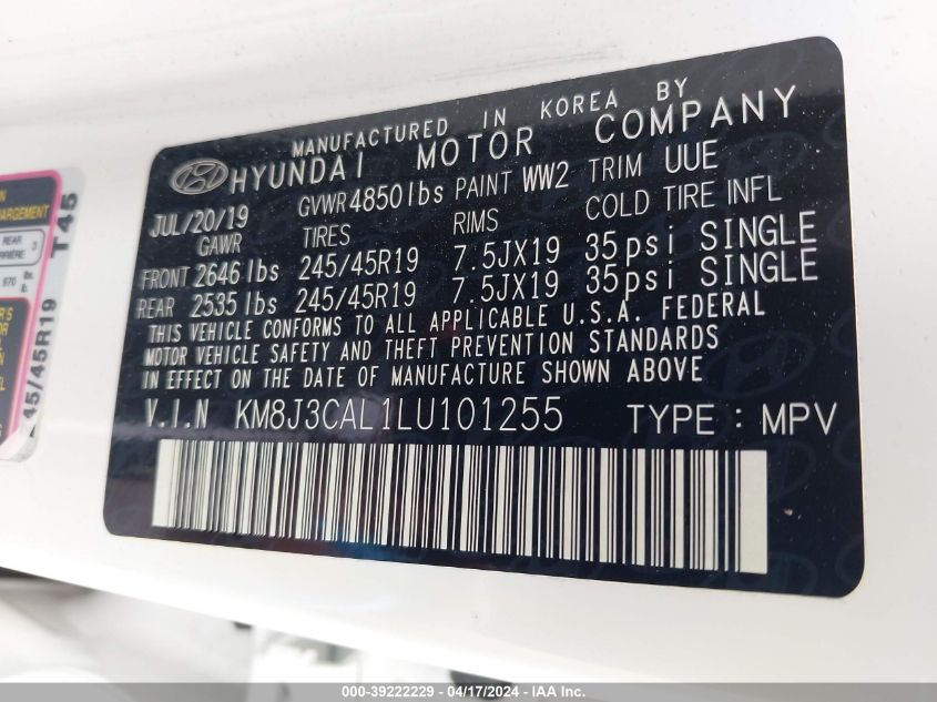 2020 Hyundai Tucson Sport VIN: KM8J3CAL1LU101255 Lot: 39222229