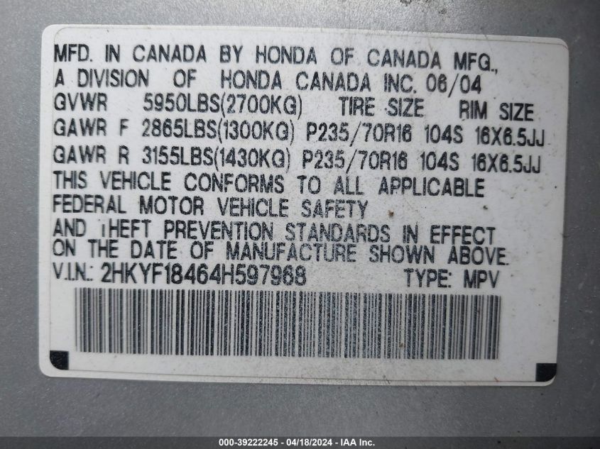 2004 Honda Pilot Ex VIN: 2HKYF18464H597968 Lot: 39222245