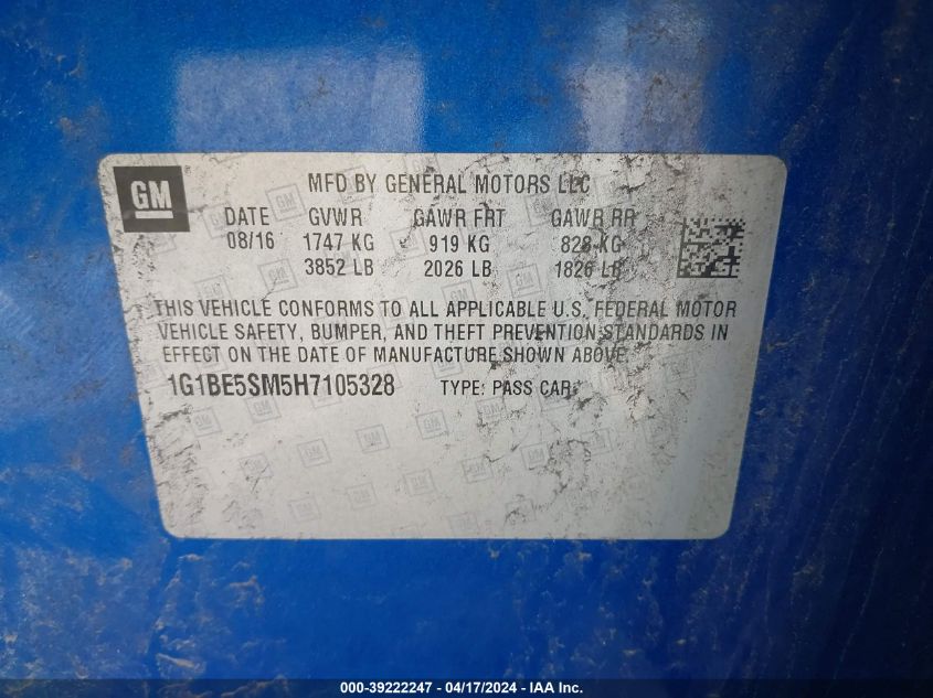2017 Chevrolet Cruze Lt Auto VIN: 1G1BE5SM5H7105328 Lot: 39222247